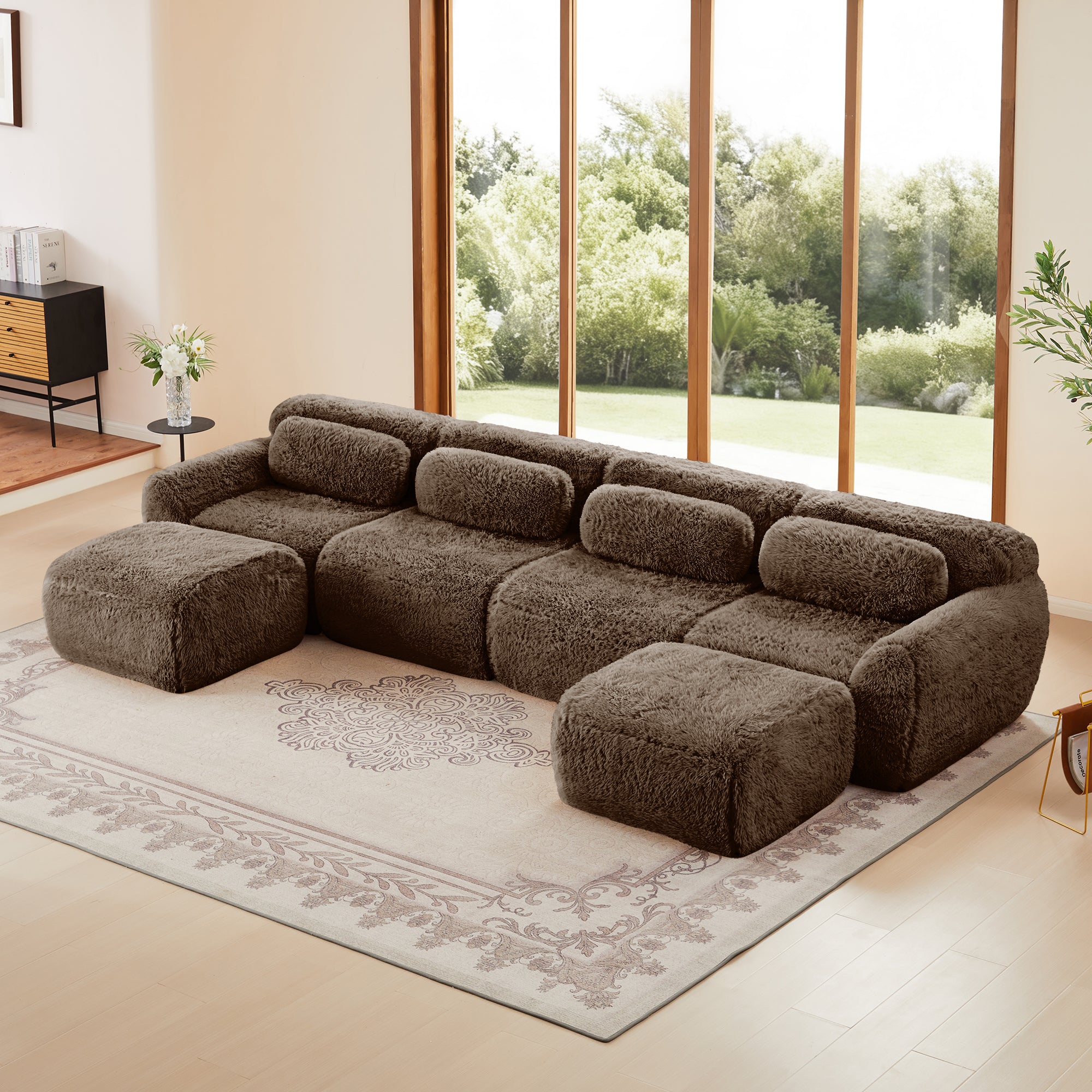 Modular Sofa - Chocolate U-Shaped with plush fabric and high-density sponge, arranged in a cozy living room with natural light.