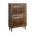 Modern Walnut Shoe Cabinet with flip drawers in a 23.6-inch width, featuring slatted doors, gold handles, and mid-century farmhouse design.