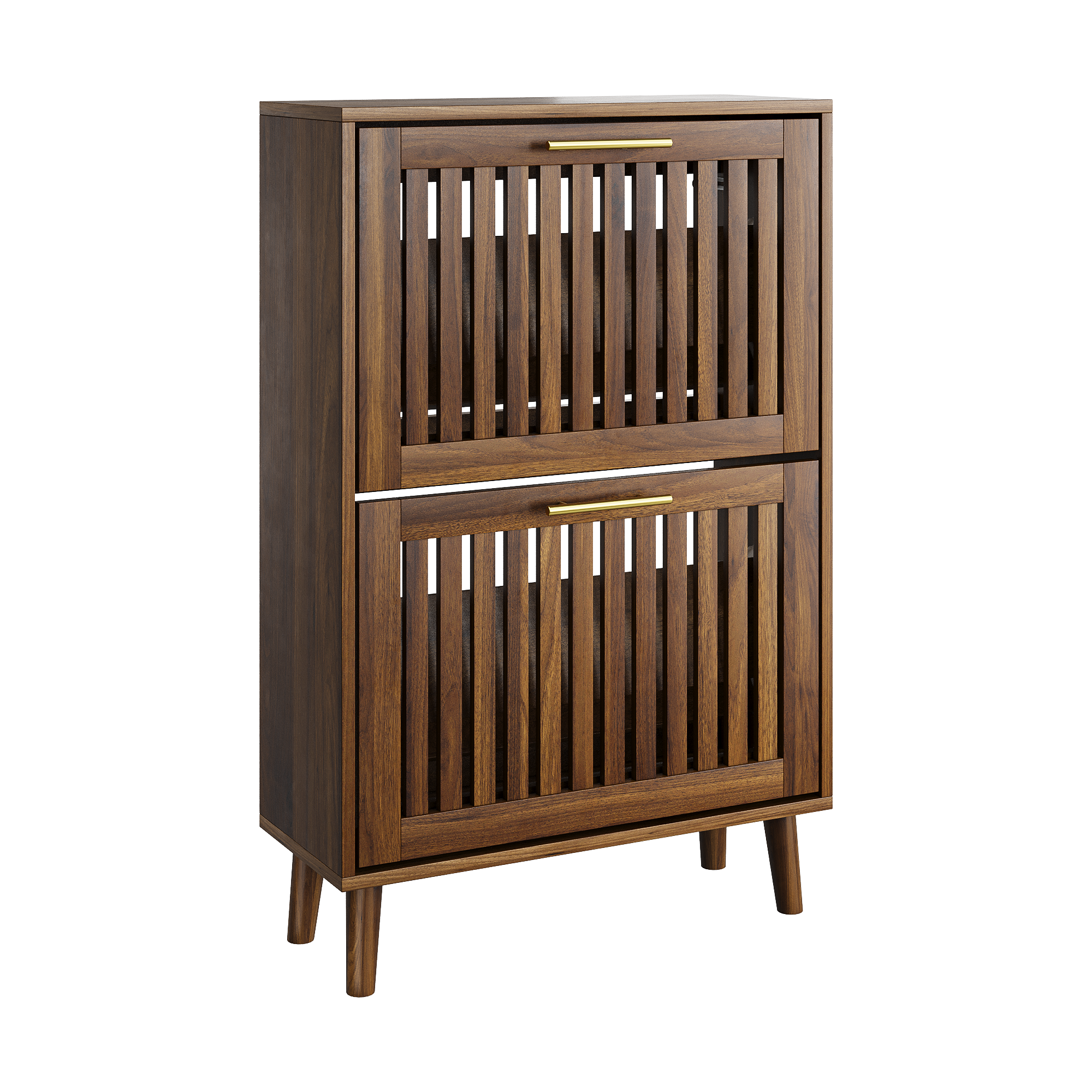 Modern Walnut Shoe Cabinet with flip drawers in a 23.6-inch width, featuring slatted doors, gold handles, and mid-century farmhouse design.