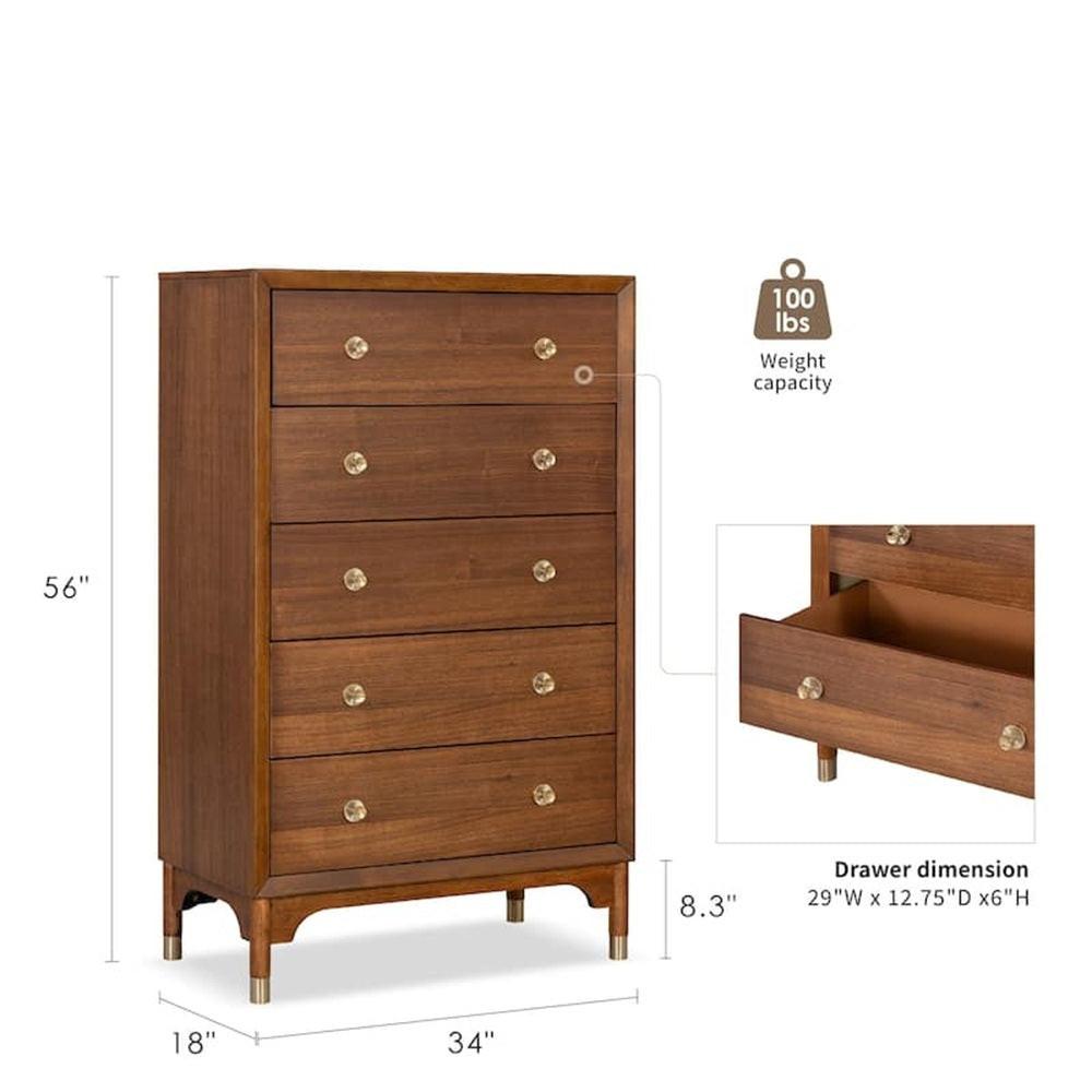 1pc Walnut Finish Five-Drawers Tall Chest for Bedroom.