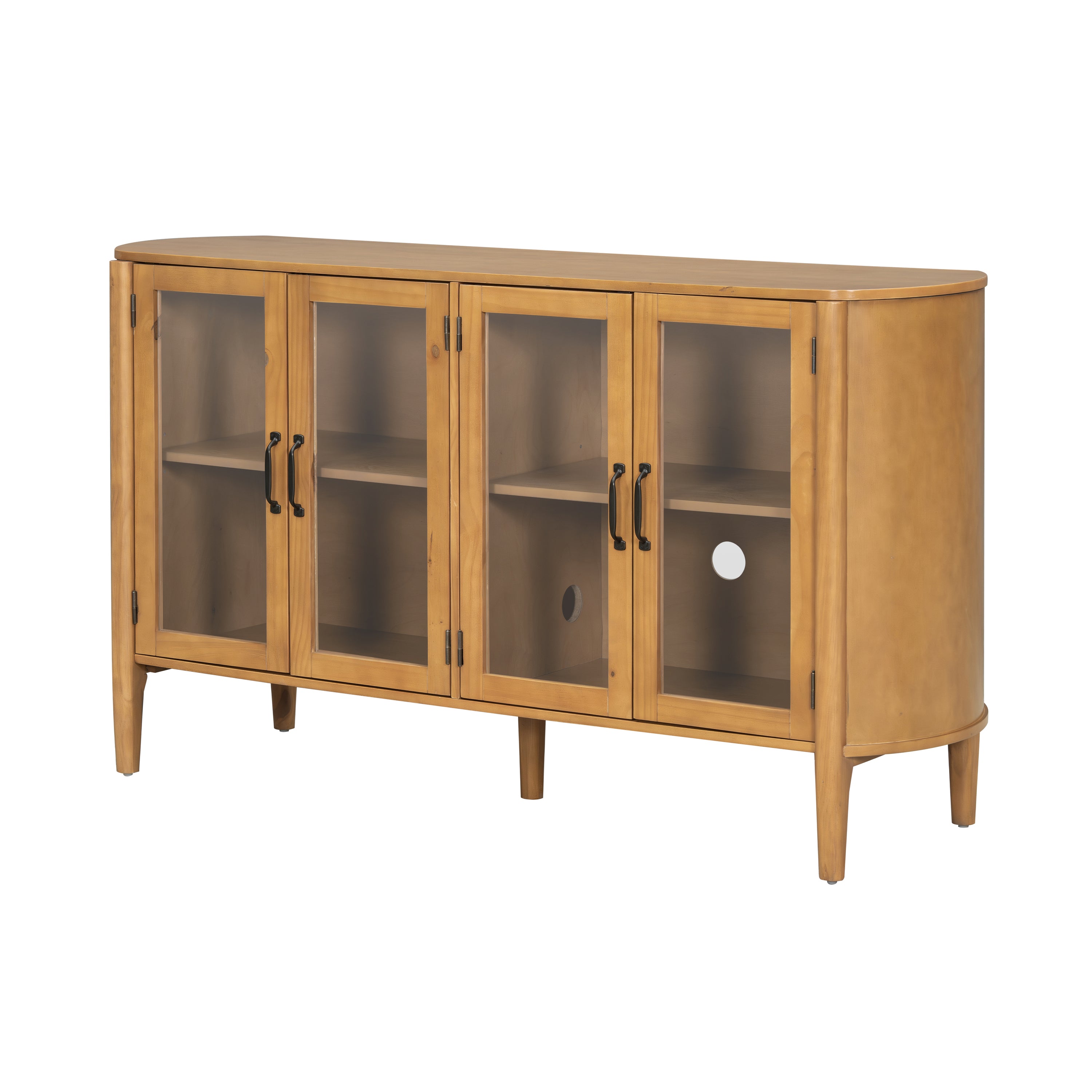 Side angle of natural wood storage cabinet - 4 doors with frosted glass and cable management holes, suitable for media storage.