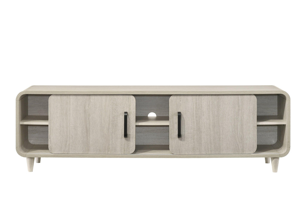 Mid-Century TV Stand with Sliding Doors & Tapered Legs.