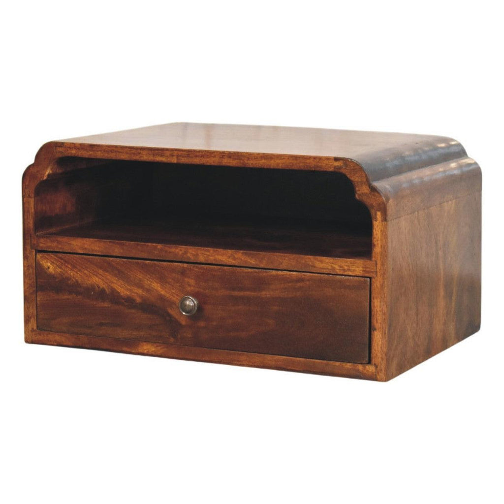 Solid Wood Wall-Mounted Chestnut Bedside Unit.