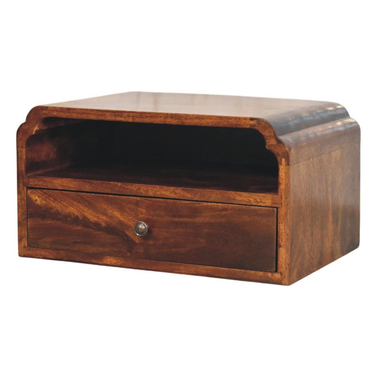 Solid Wood Wall-Mounted Chestnut Bedside Unit.