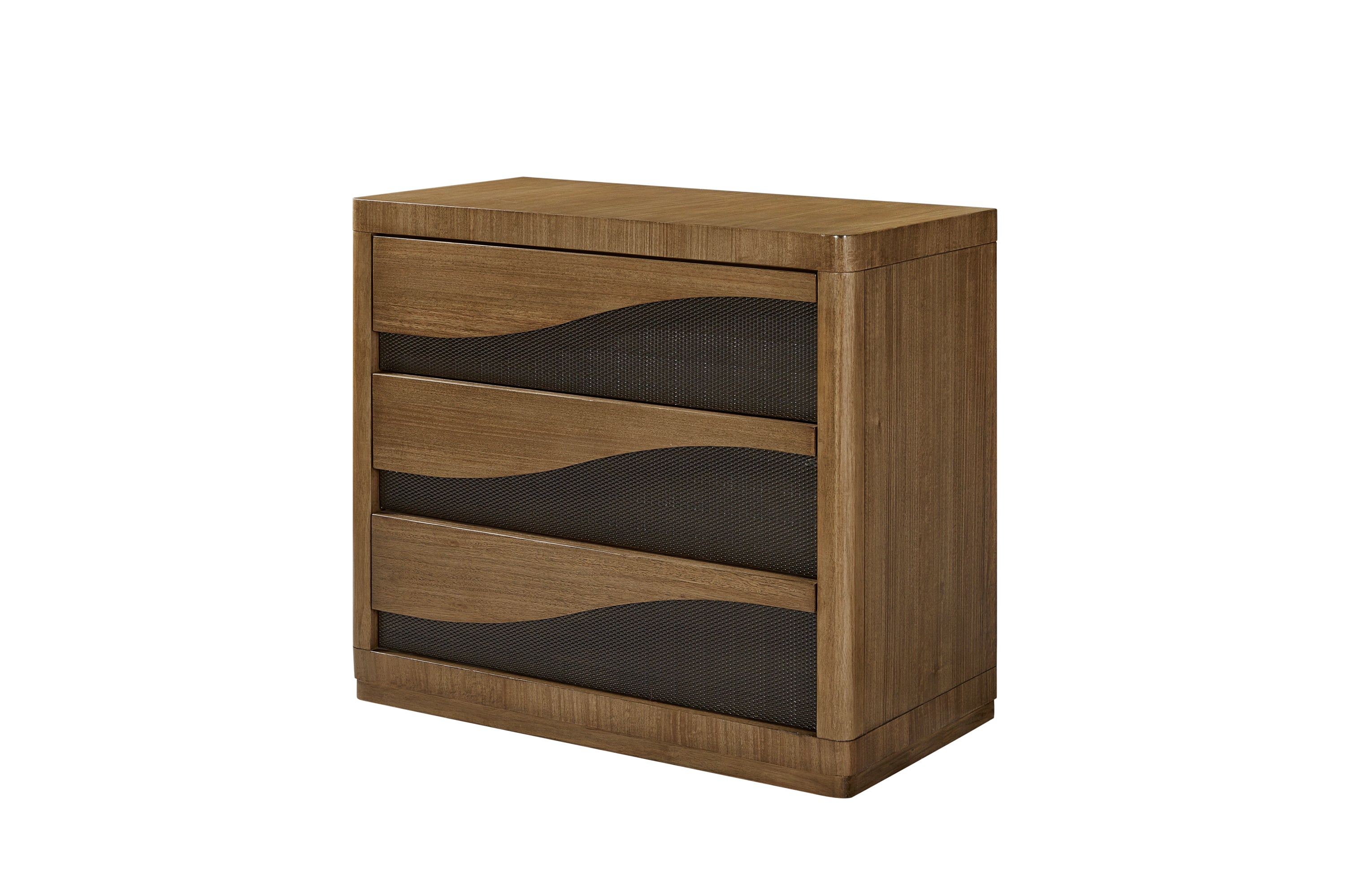 Side angle of Eucalyptus Bachelors Chest with soft-close drawers and wave-patterned black fronts, perfect for closet or bedroom organization.