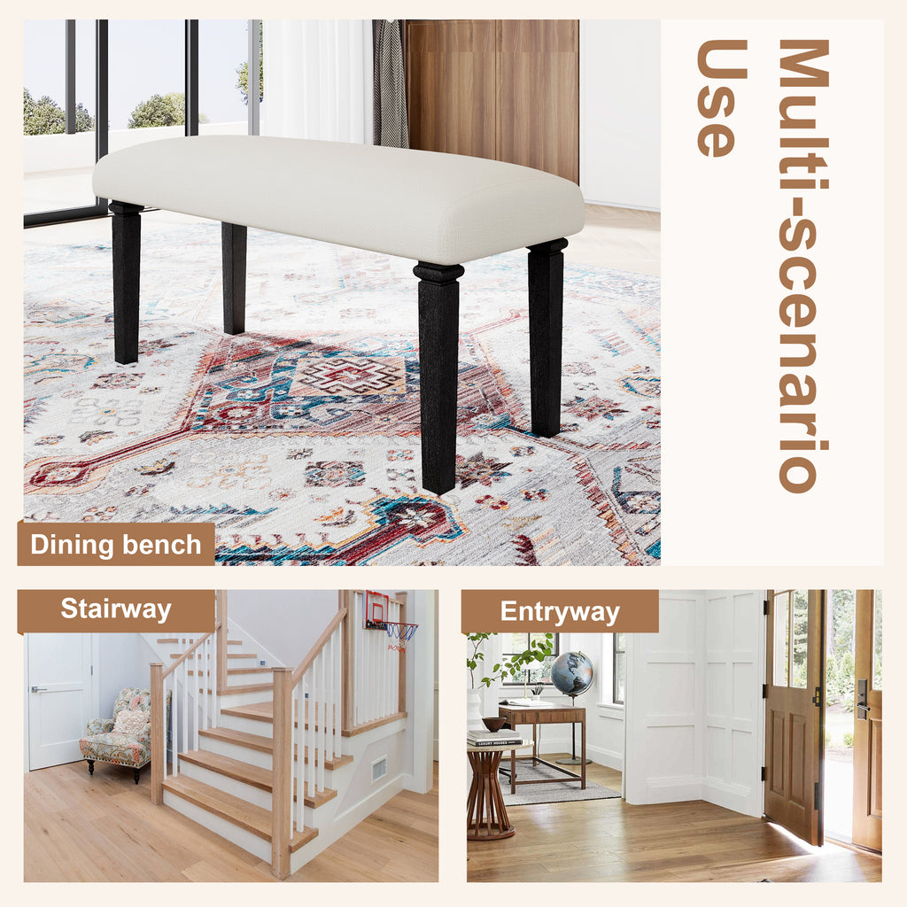 Multi-use upholstered dining bench from retro 6-piece set shown in dining room, stairway, and entryway settings for versatile home use.
