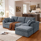 Modern Sectional Couch - Minimalist Sofa with 4 seats in plush blue corduroy, reversible chaise, and solid wood frame in a bright living room.