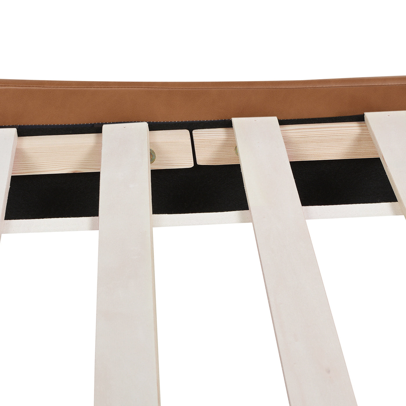 Close-up of wooden slats and black frame support on Aspen king faux leather platform bed for enhanced mattress stability.