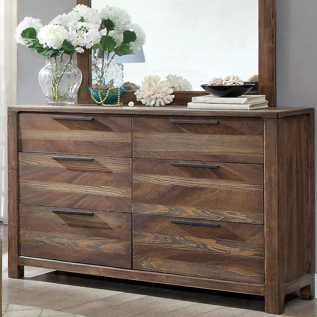 Rustic Natural Tone Dresser with Felt-Lined Drawers.