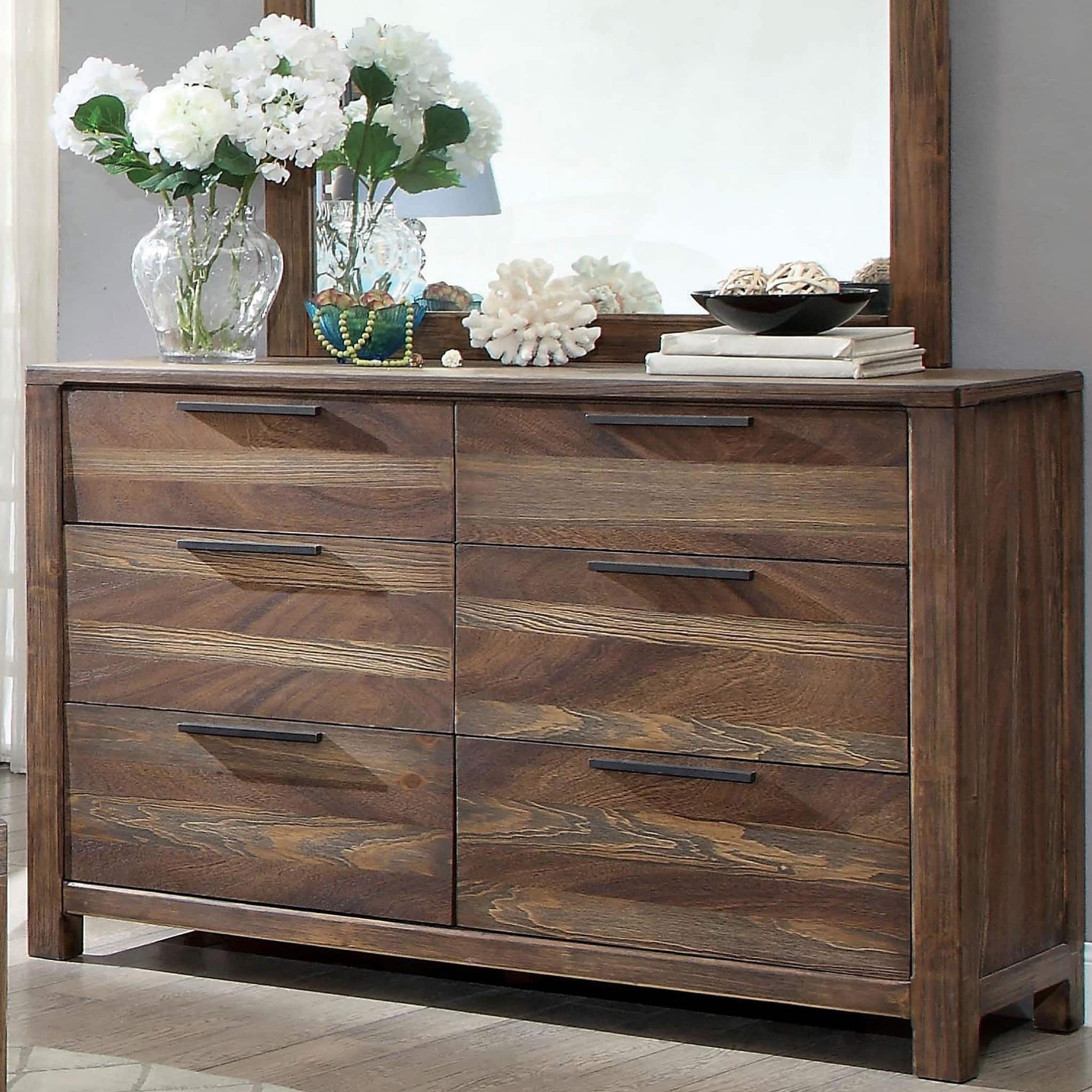 Rustic Natural Tone Dresser - Solid Wood | Felt-Lined Drawers, styled in a modern bedroom with floral decor and mirror.