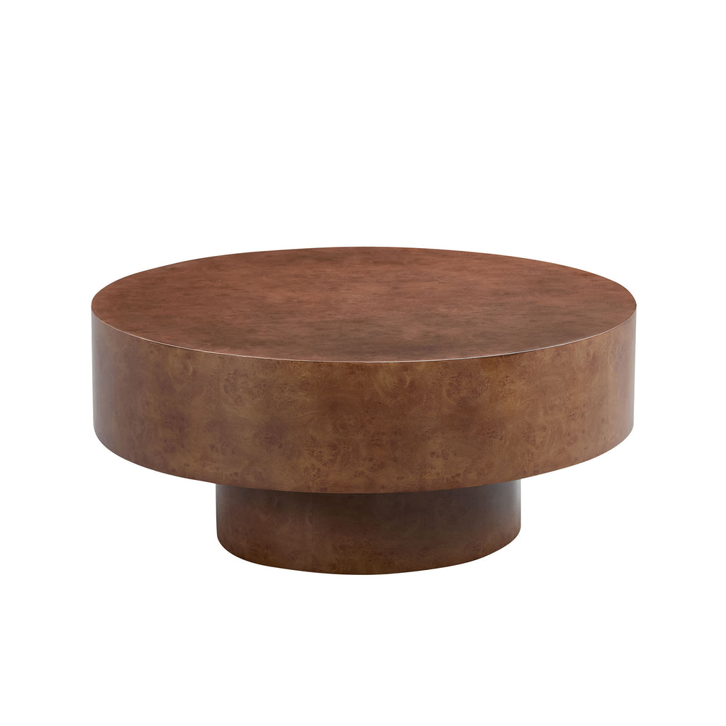 Faux Burl Coffee Table with round top and pedestal base in walnut finish, ideal for small living spaces and modern interiors.