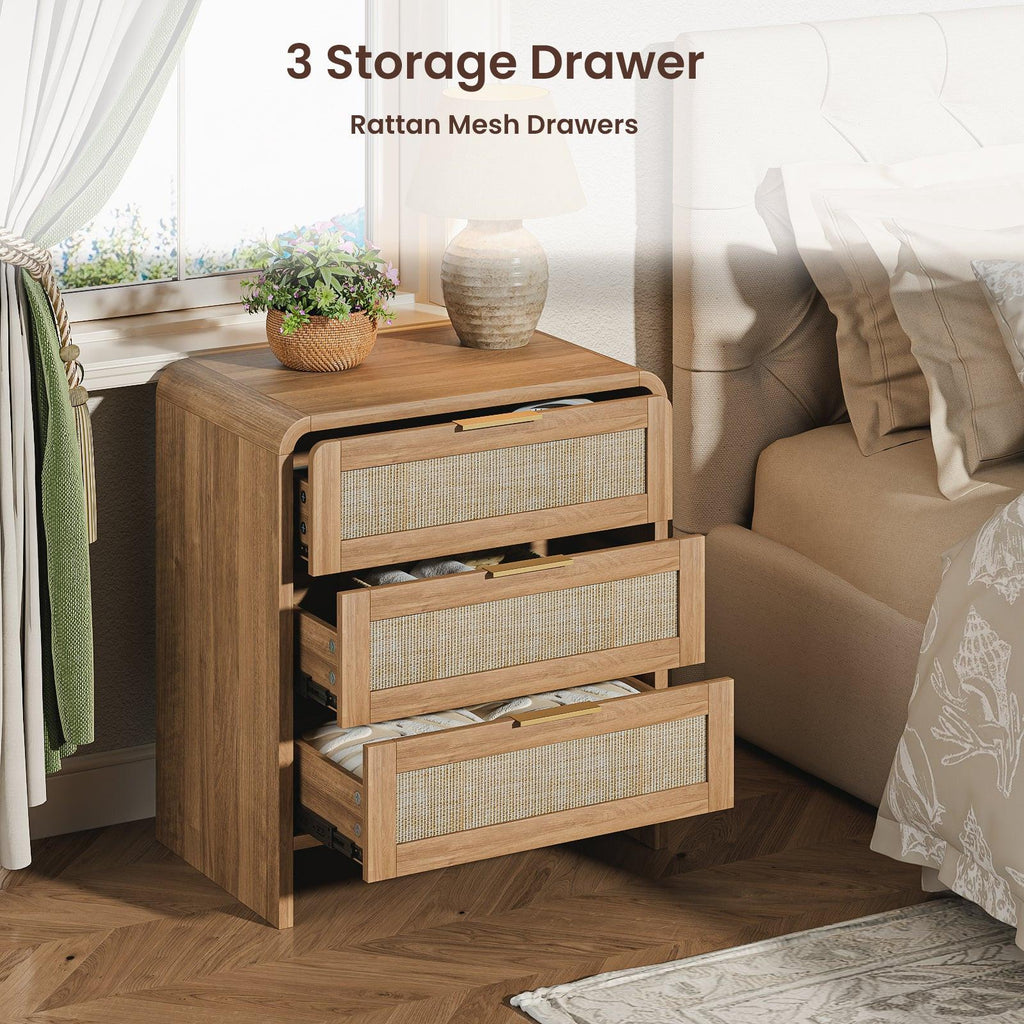 Rattan Nightstand with 3 Drawers for Modern Bedrooms.
