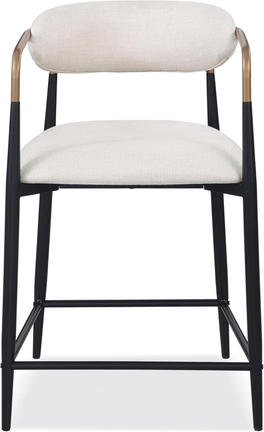 Front view of a contemporary counter height chair with black metal legs, gold arm accents, and a cushioned beige seat and backrest.