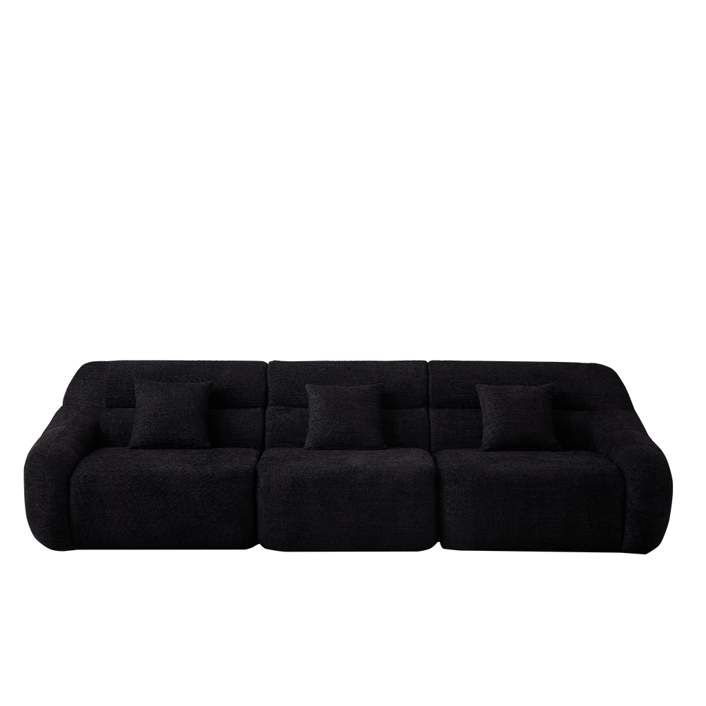 Straight layout of Modern Black Modular Sofa - Luxury Chenille 4-Seater with deep seats and plush cushions for modern home decor.