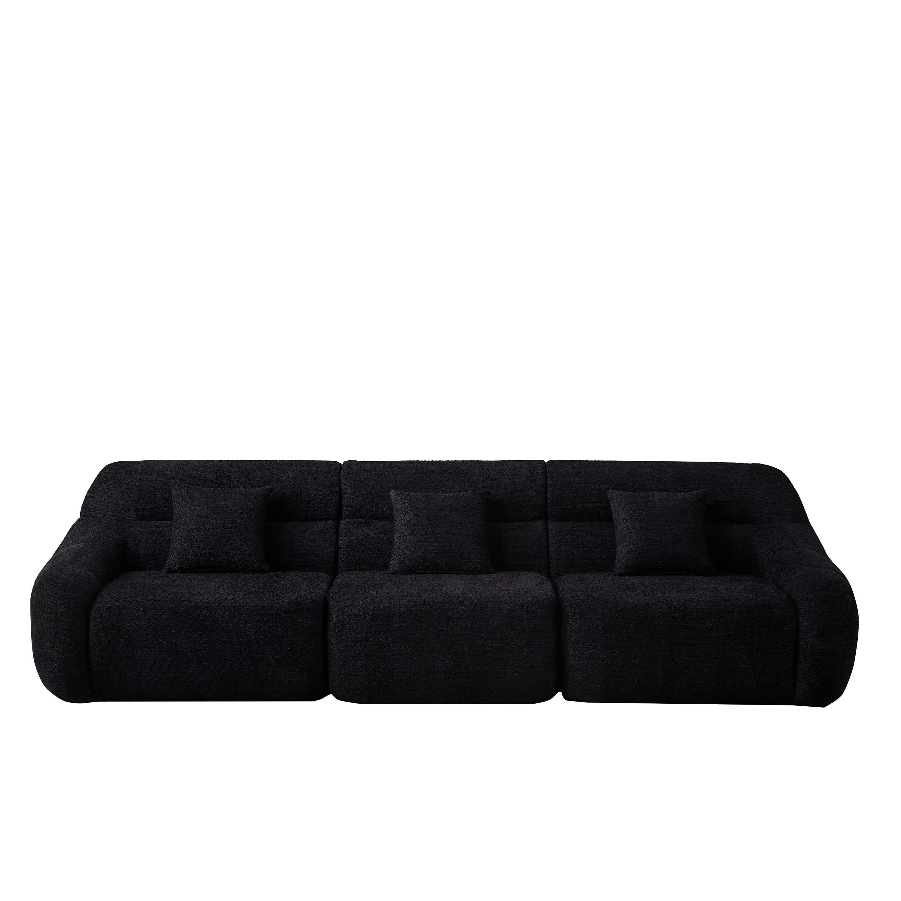 Straight layout of Modern Black Modular Sofa - Luxury Chenille 4-Seater with deep seats and plush cushions for modern home decor.