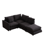 Corner view of L-shaped modular sofa sleeper with ottoman, featuring 3 cushions and 4 pillows in dark fabric for stylish and functional seating.