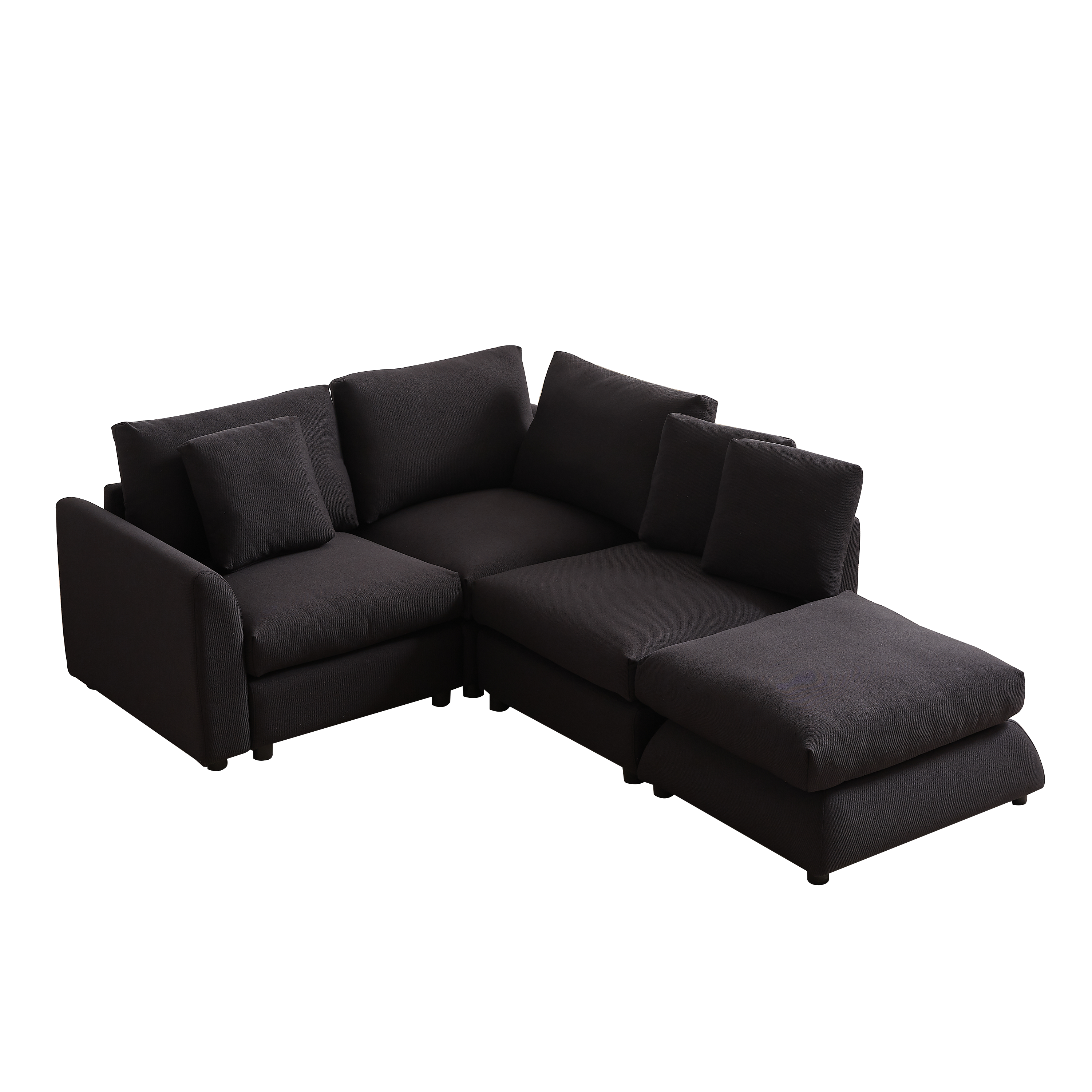 Corner view of L-shaped modular sofa sleeper with ottoman, featuring 3 cushions and 4 pillows in dark fabric for stylish and functional seating.