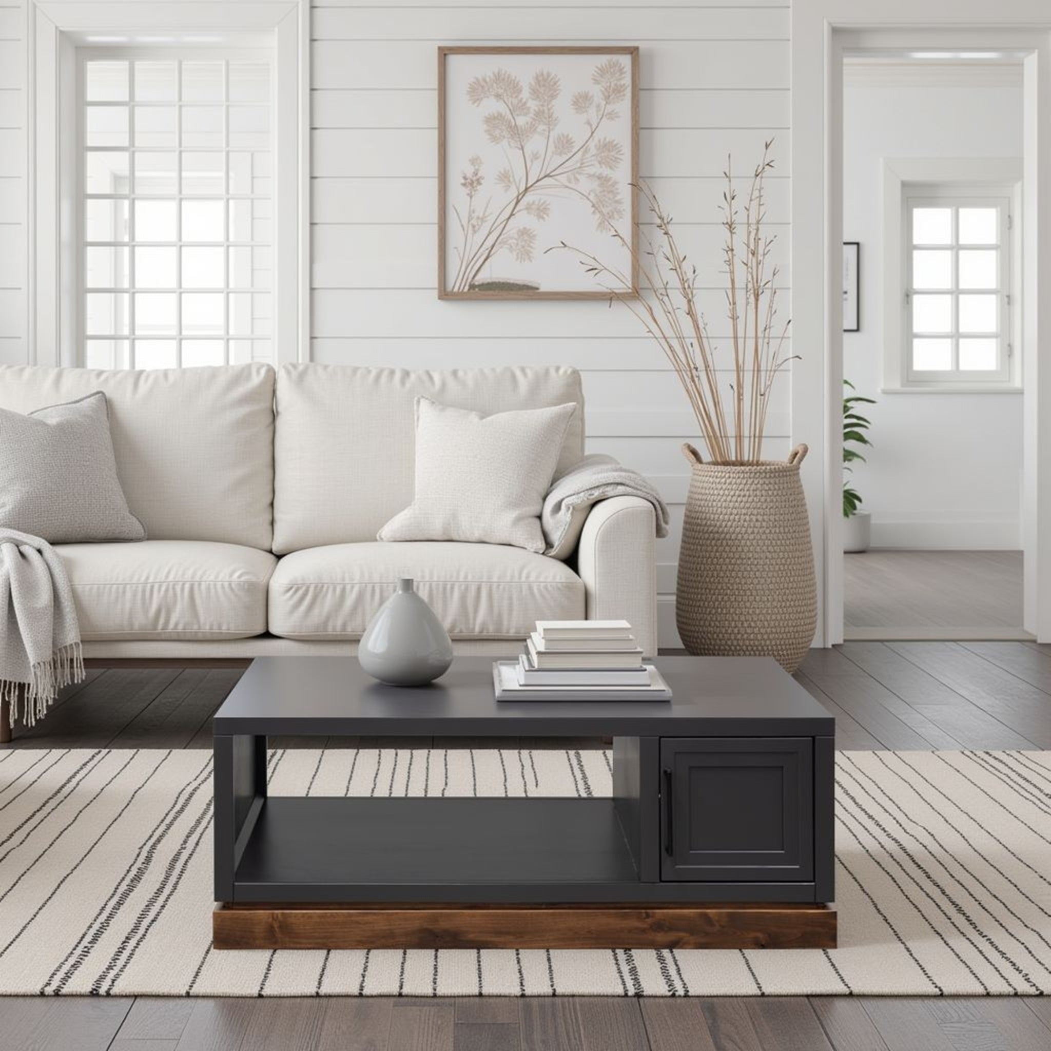 Nora 48 inch Coffee Table in black and whiskey finish styled in cozy living room with striped rug and decorative accessories, no assembly needed.