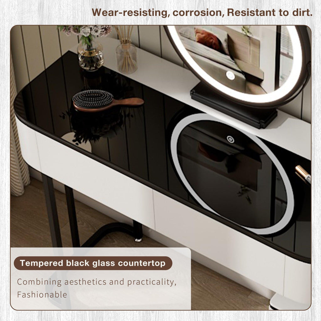 Modern Vanity Table with Glass Top and Storage Cabinet.