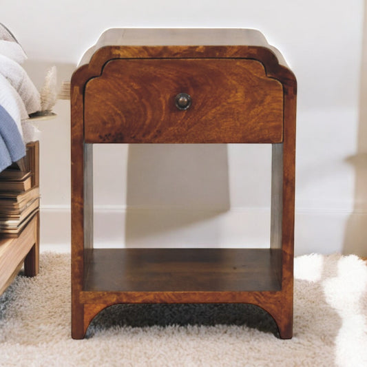 Newton Mini Chestnut Nightstand with a Drawer and Open Shelf, Brown
