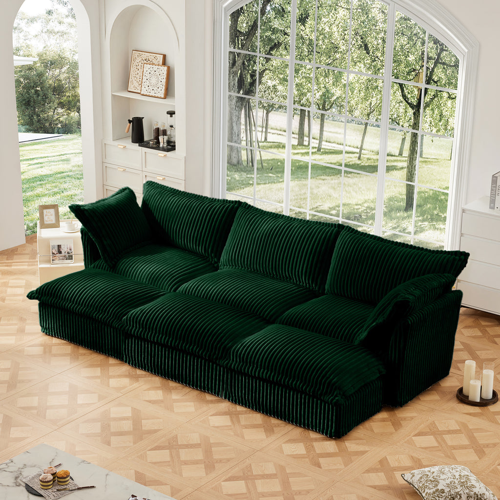 Green Corduroy 3-Seater Sleeper Sofa with 3 Matching Ottomans