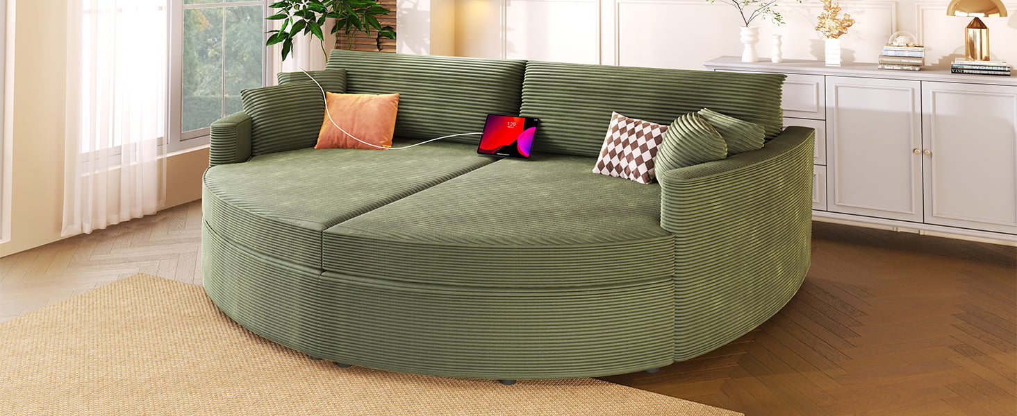 Green Oversized Double Chaise Lounge Sofa with Upholstered Corduroy Fabric, Deep Seat, USB Ports, and Removable Pillows – 102.3'