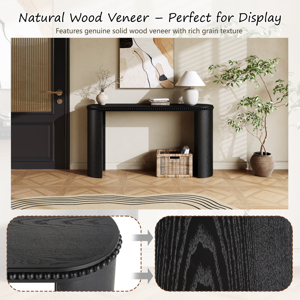 Mirod Console Table made with natural wood veneer, showcasing rich grain texture and decorative beaded edge.