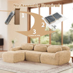No assembly required for plush modular sectional sofa, shown in three easy setup steps from packaging to full form.