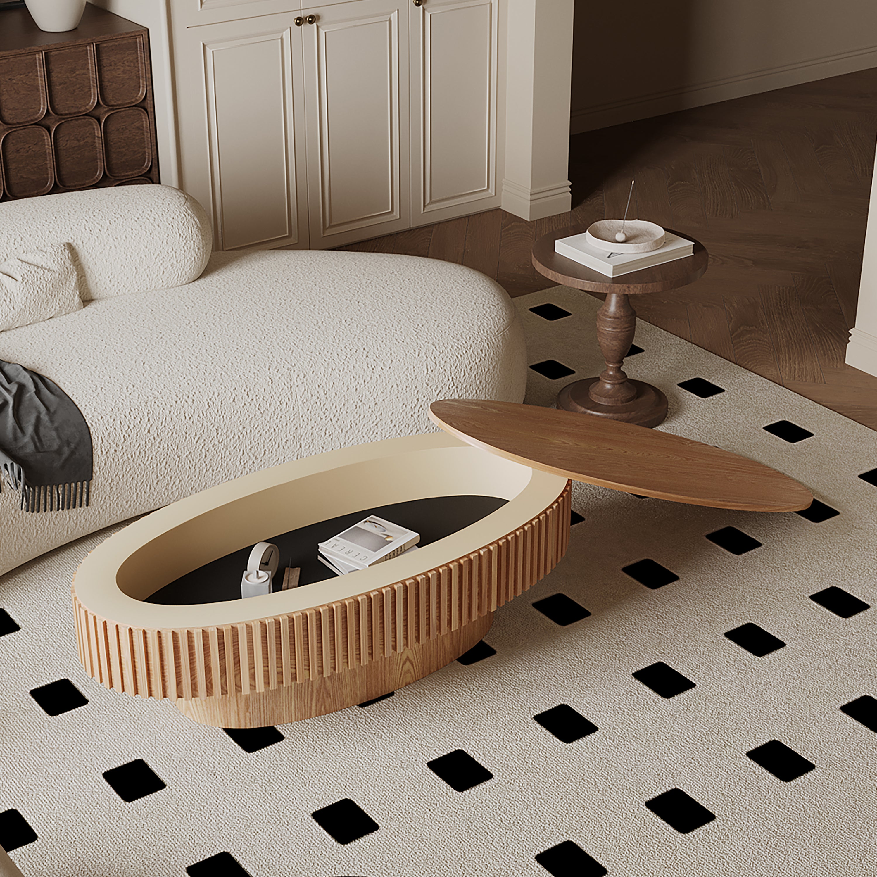 47'' oval coffee table with storage in natural wood finish, featuring a solid wood veneered body and modern design, placed in a cozy living room.