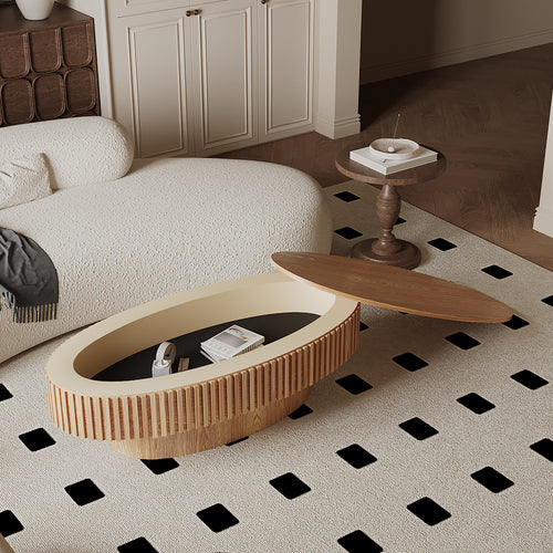 47'' oval coffee table with storage in natural wood finish, featuring a solid wood veneered body and modern design, placed in a cozy living room.