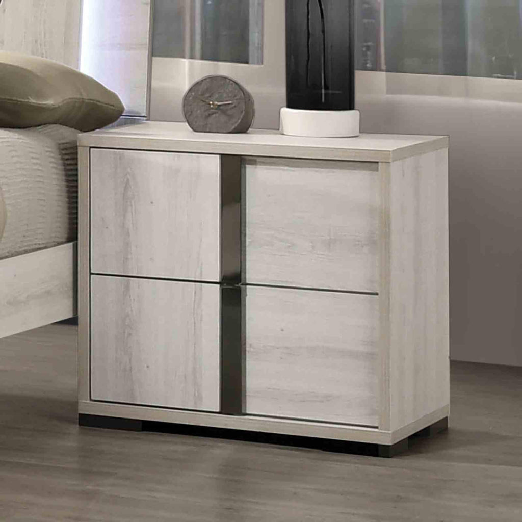 Contemporary Nightstand with Drawers in White Wash Finish.