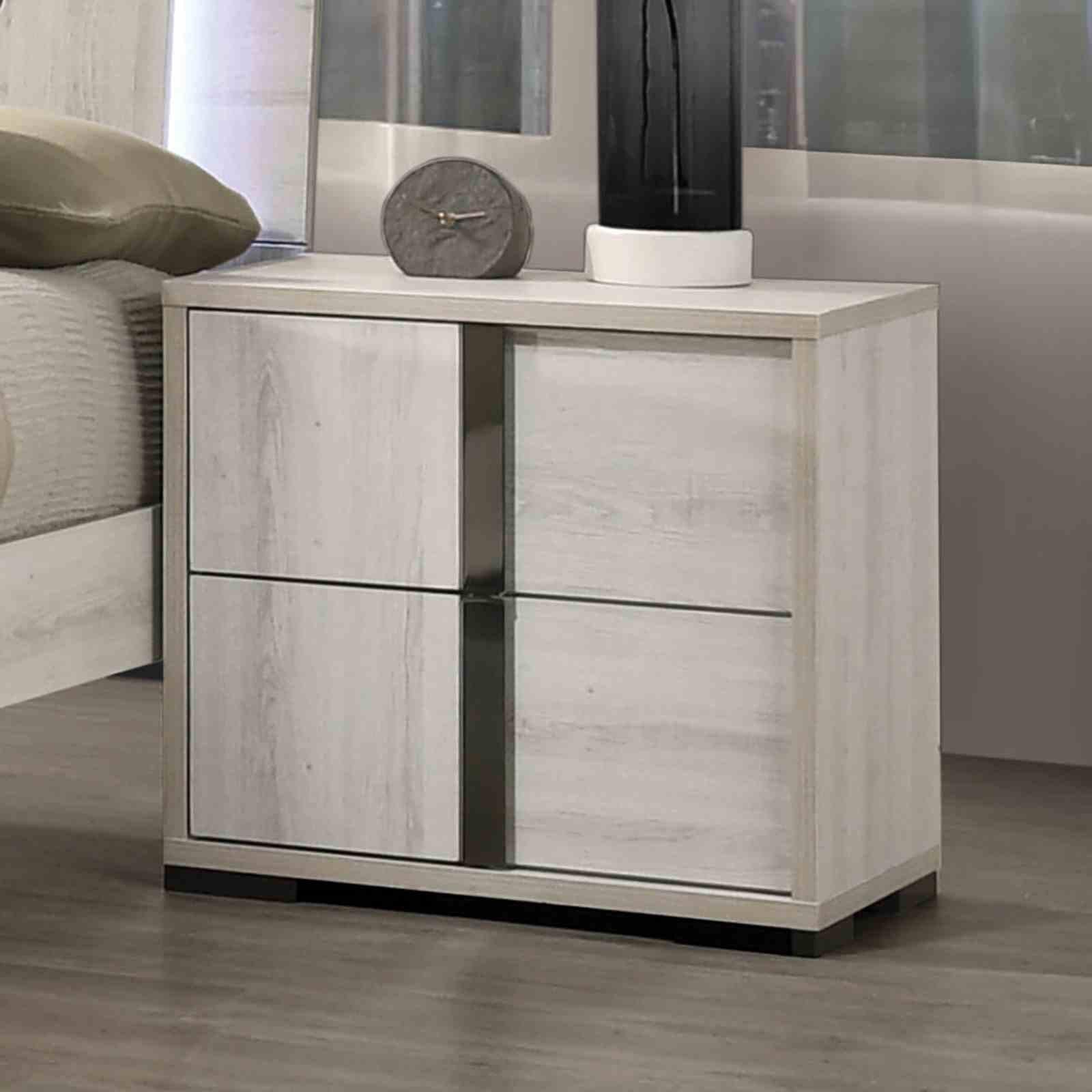 Contemporary Nightstand with Drawers in White Wash Finish.