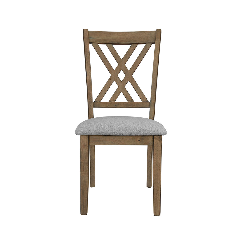 Amador Dining Chair with cross back design in gray wood and cushioned seat, ideal for modern dining rooms.