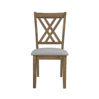 Amador Dining Chair with cross back design in gray wood and cushioned seat, ideal for modern dining rooms.