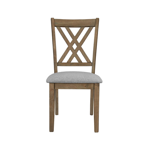 Amador Dining Chair with cross back design in gray wood and cushioned seat, ideal for modern dining rooms.