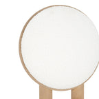 Close-up of circular polyester backrest with natural wood trim, part of a modern dining chair set.