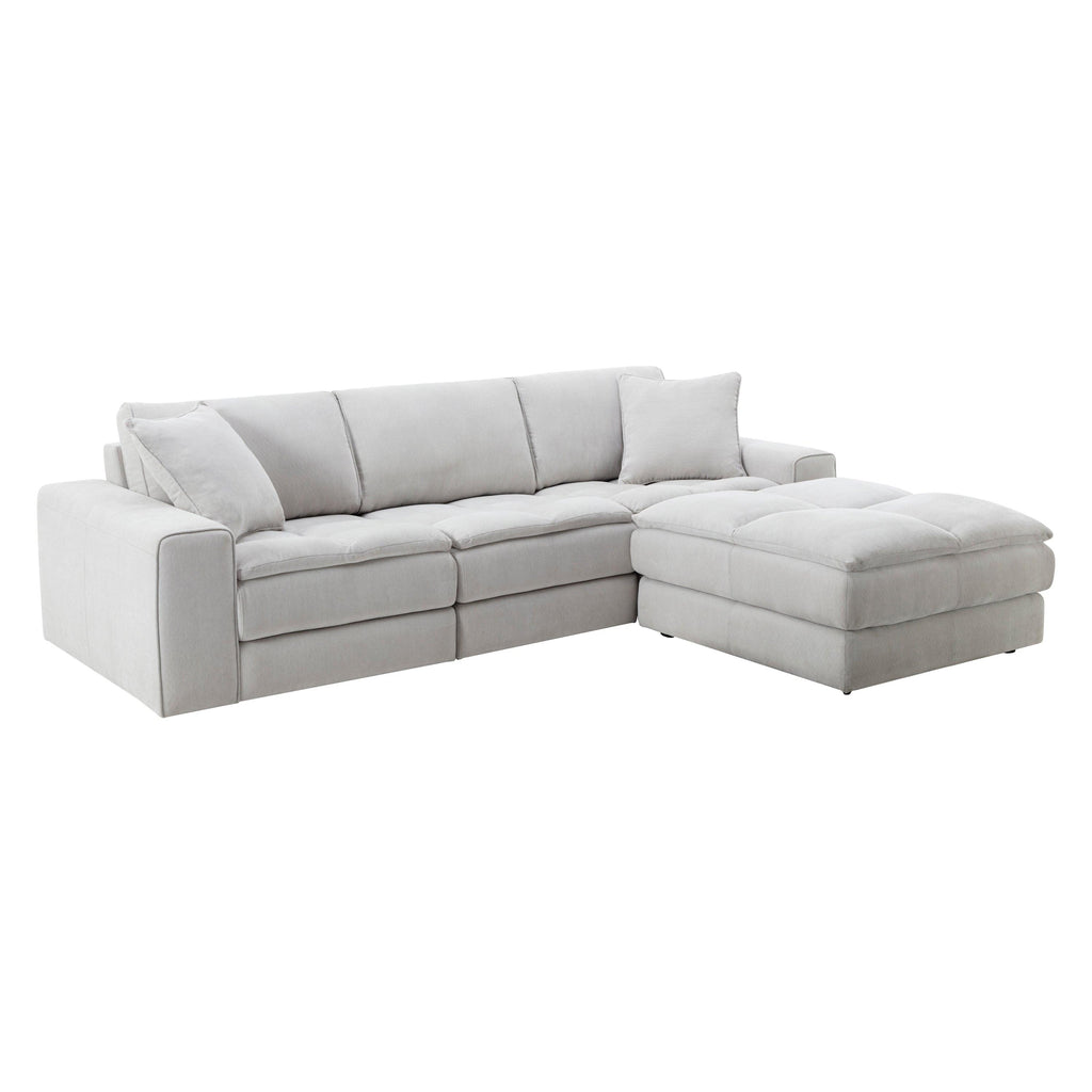 Breton Modern Tufted Sofa with Ottoman in Oyster Grey.