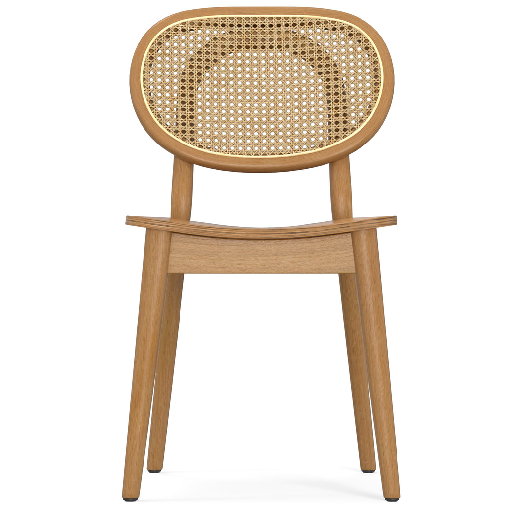 Front view of brown rattan dining chair with oval cane backrest and solid beech wood legs, part of a sustainable furniture set.
