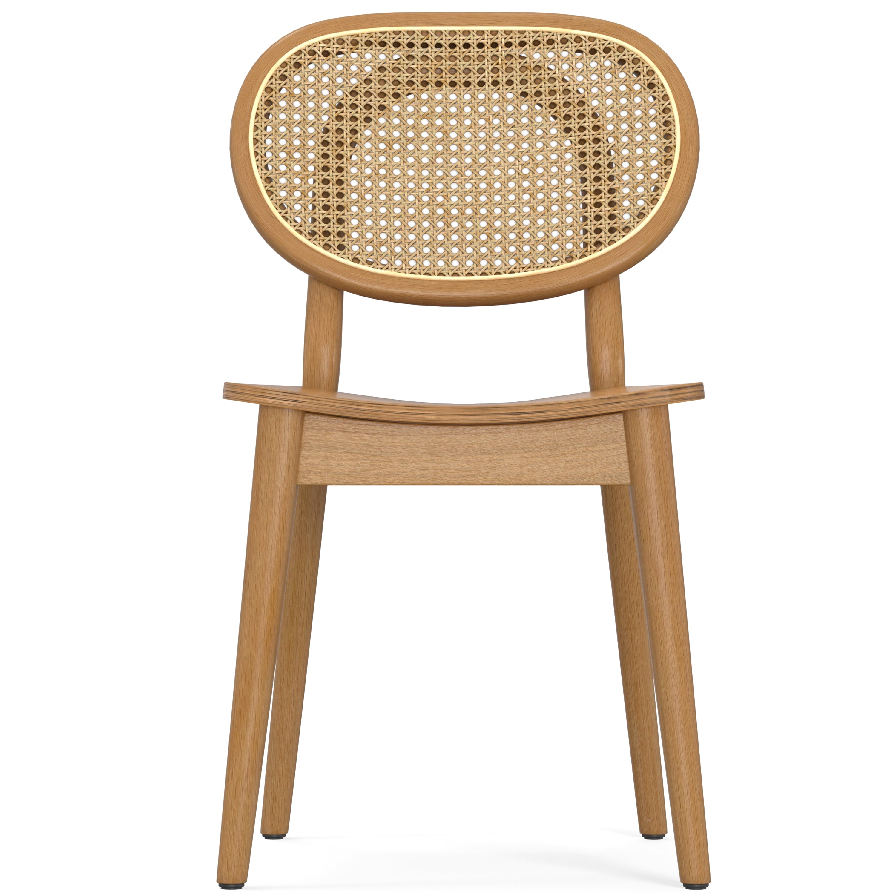 Front view of brown rattan dining chair with oval cane backrest and solid beech wood legs, part of a sustainable furniture set.