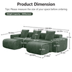 Product dimensions of Velvet Modular U Shape Sofa - 3 Seats with Pillows and Ottomans, including seat depth and width measurements.
