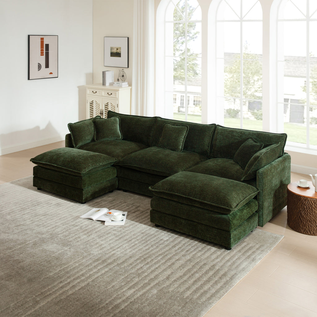 Green Chenille U-Shaped Sectional Sofa with Reversible Footrest