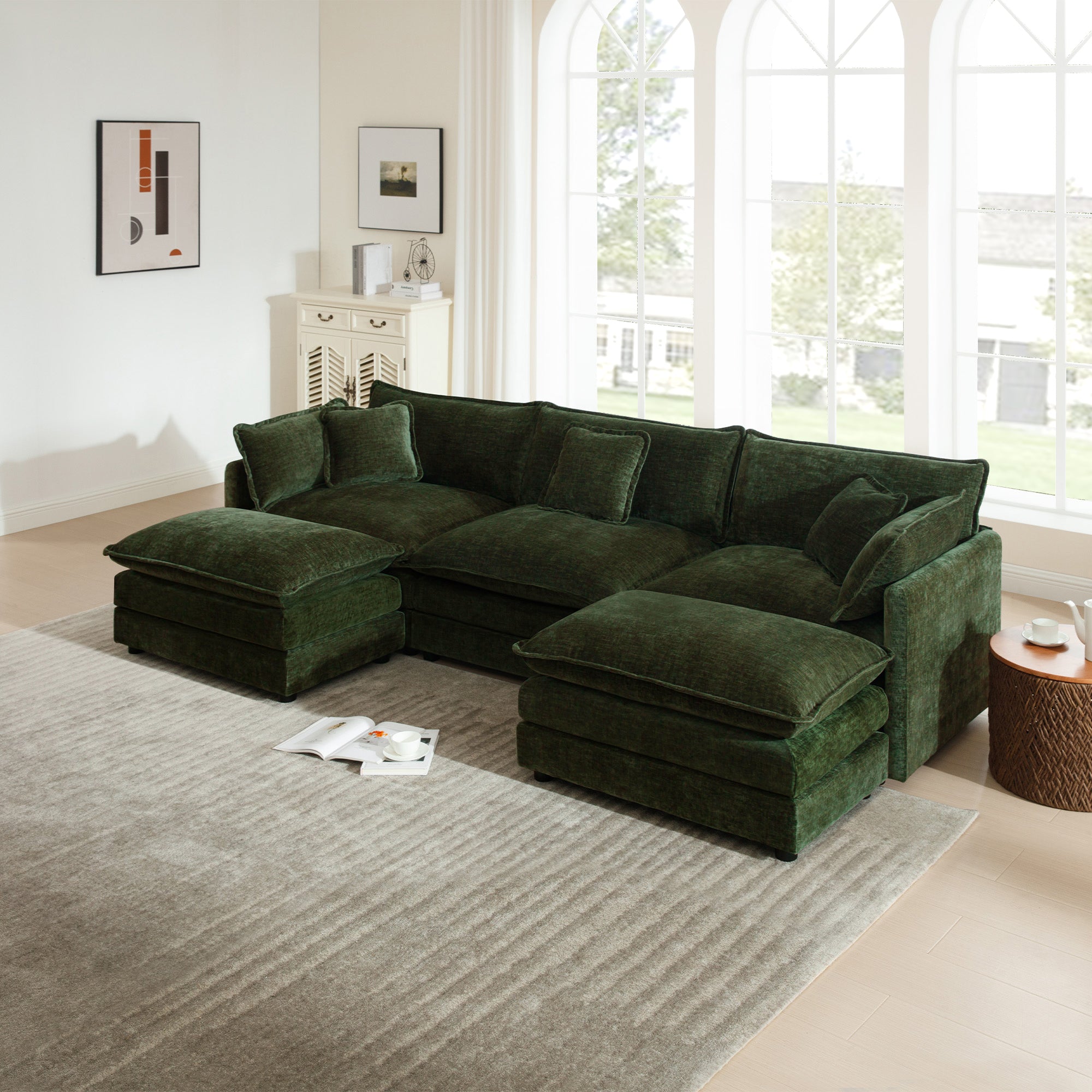 Green Chenille U-Shaped Sectional Sofa with Reversible Footrest