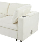 Close-up of Modular Sofa armrest with wireless charging pad and USB ports, upholstered in soft chenille fabric.