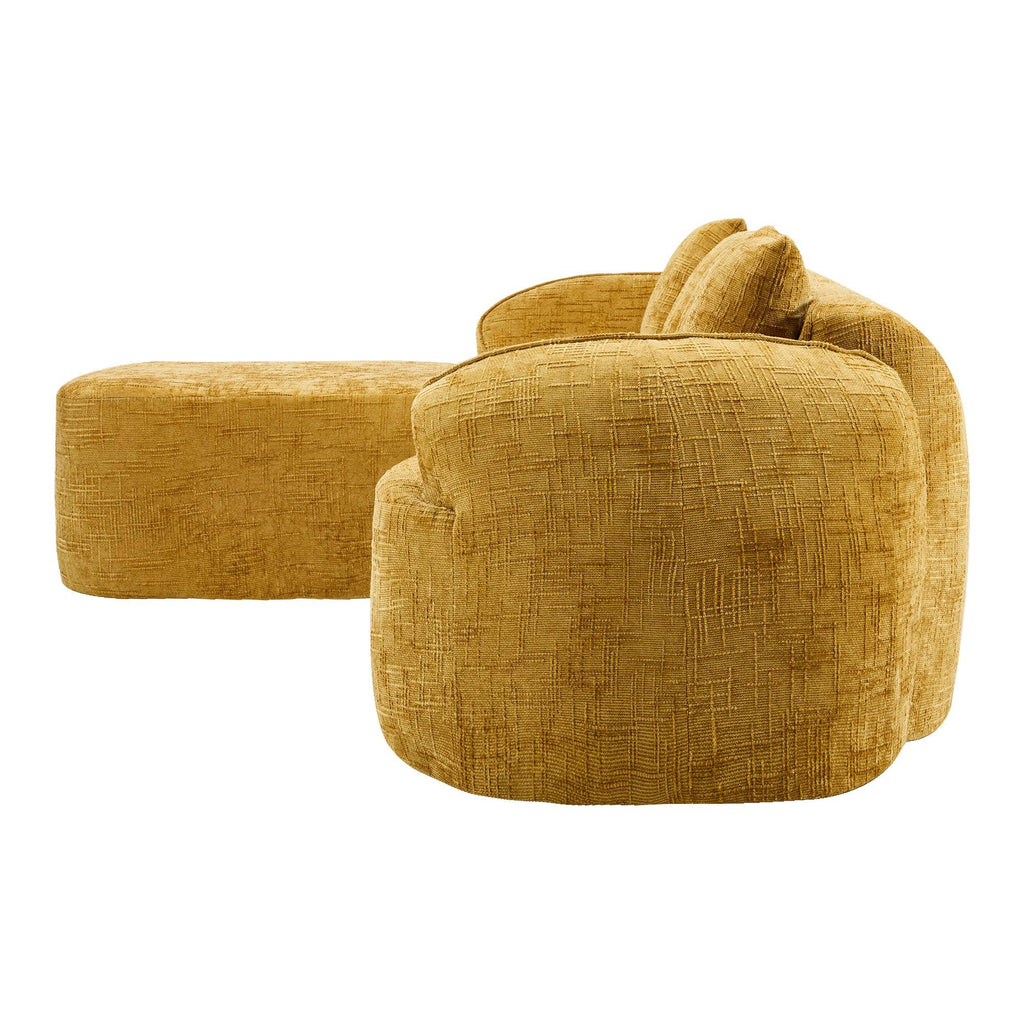 Side view of yellow chenille L-shaped sofa with plush curves and textured upholstery, designed for stylish and cozy living spaces.