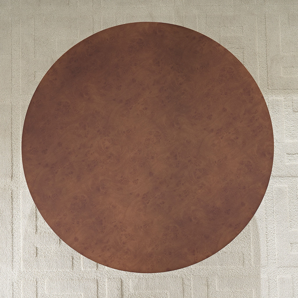 Top-down view of round Faux Burl Coffee Table placed on a textured rug, ideal for modern small-space living.