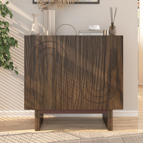 Modern dark wood 2-door accent cabinet with carved U-shaped arch designs on the doors and sturdy block-style legs.