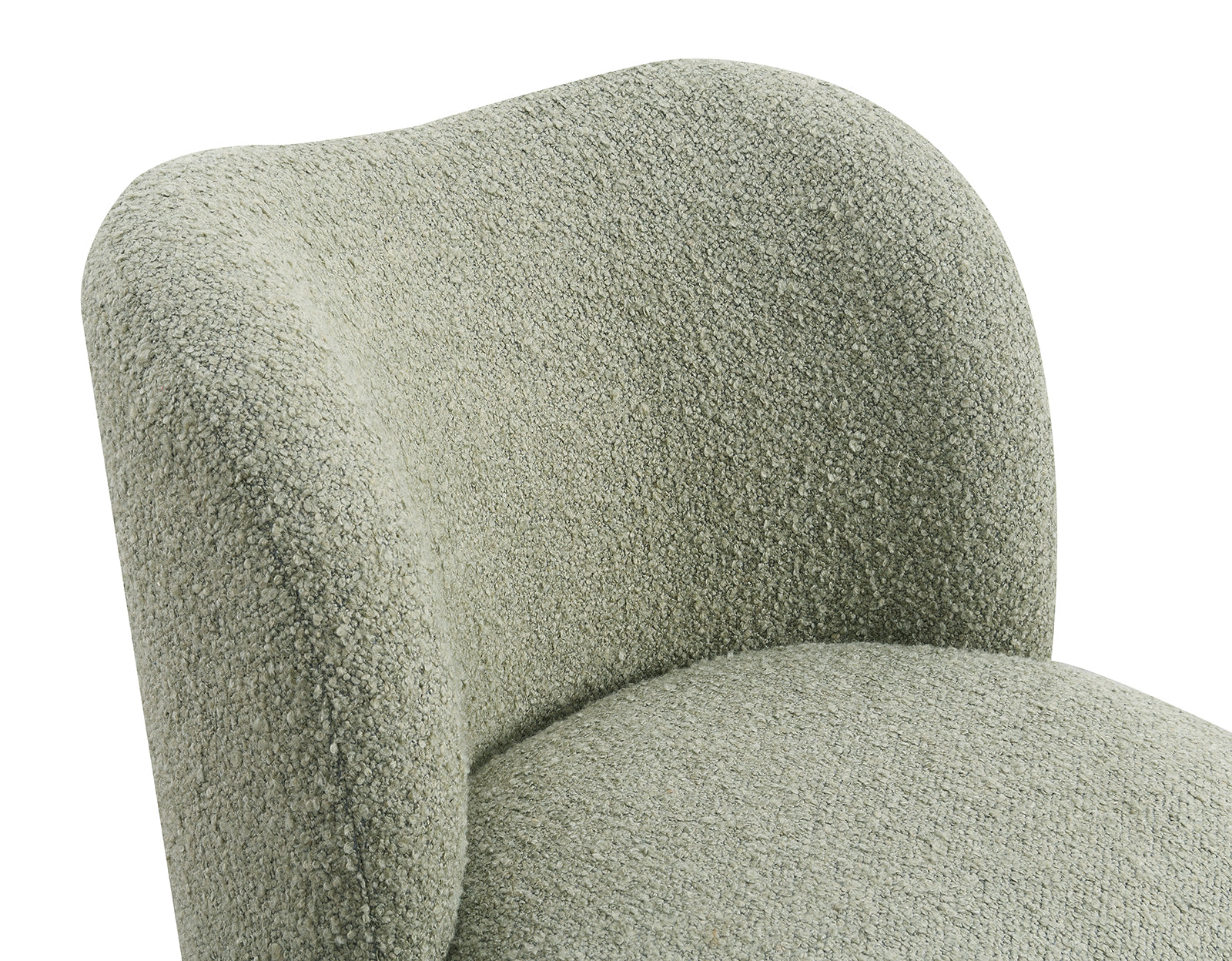 Close-up of green boucle chair backrest showing textured fabric and ergonomic curve. Adds comfort and elegance to accent seating.
