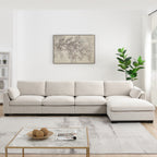Chenille modular sectional sofa with 5 seats and chaise lounge, styled in a modern living room with natural light and minimalist decor.