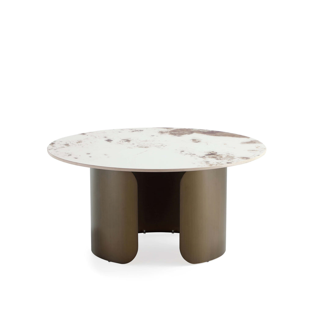 Modern Stone Coffee Table with rounded bronze stainless steel base and marbled stone top, perfect for upscale interior design.