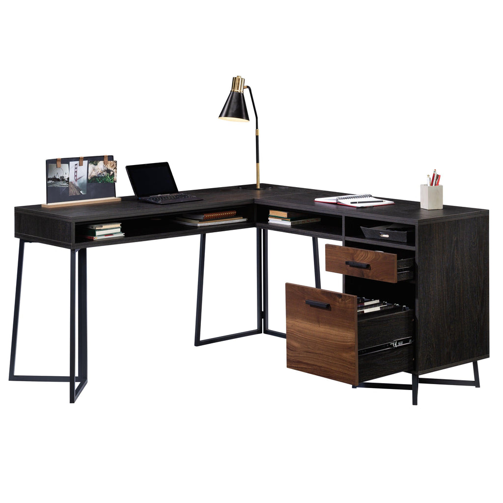 L-Shaped Desk with 2 Drawers and Cubbyholes.